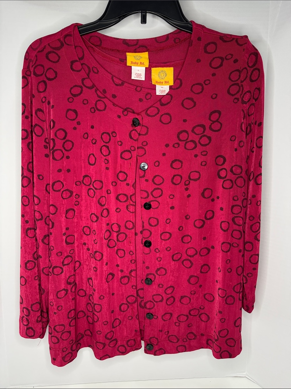 Ruby Rd. Magenta Button-Front Cardigan Set with Black Ring Pattern